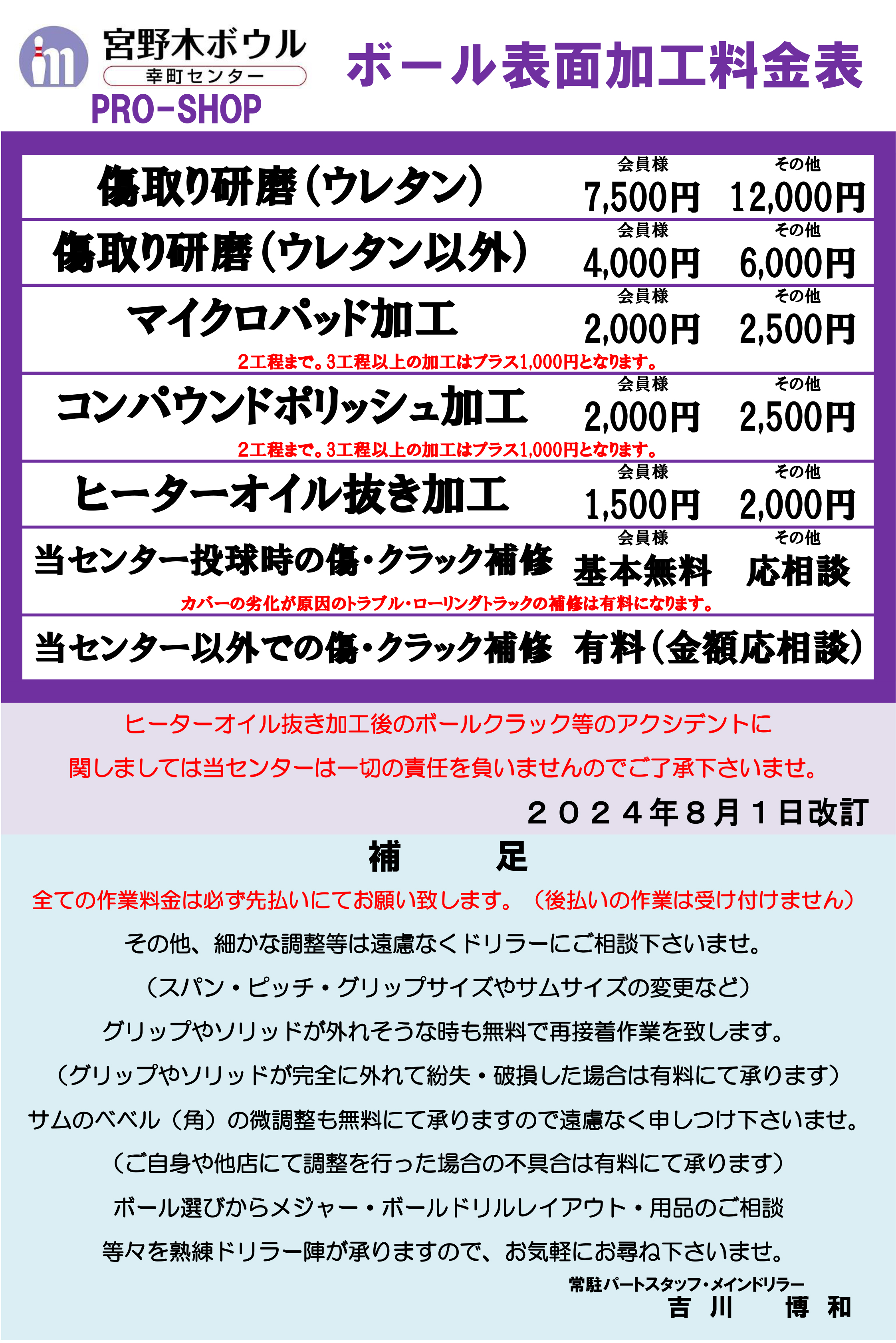 ボール表面加工料金表